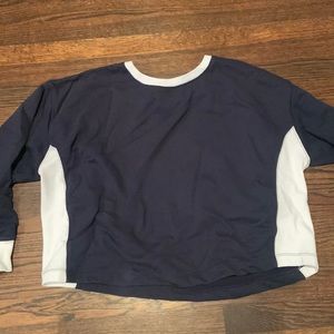 Jcrew navy sweatshirt with white detail on side and sleeves